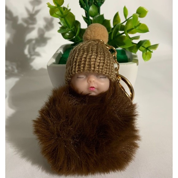 Cute Sleeping Baby  Fur Ball Hat Plush Doll Pendent Unisex Key Chain - Picture 1 of 8